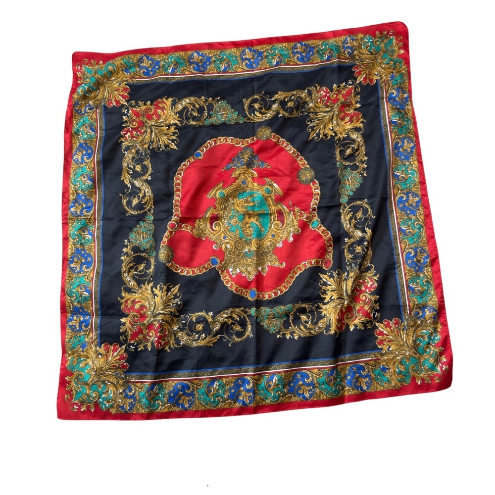 Symphony Scarfs Vintage Baroque Crest Square Scarf‎ Red Black Gold Made in Italy